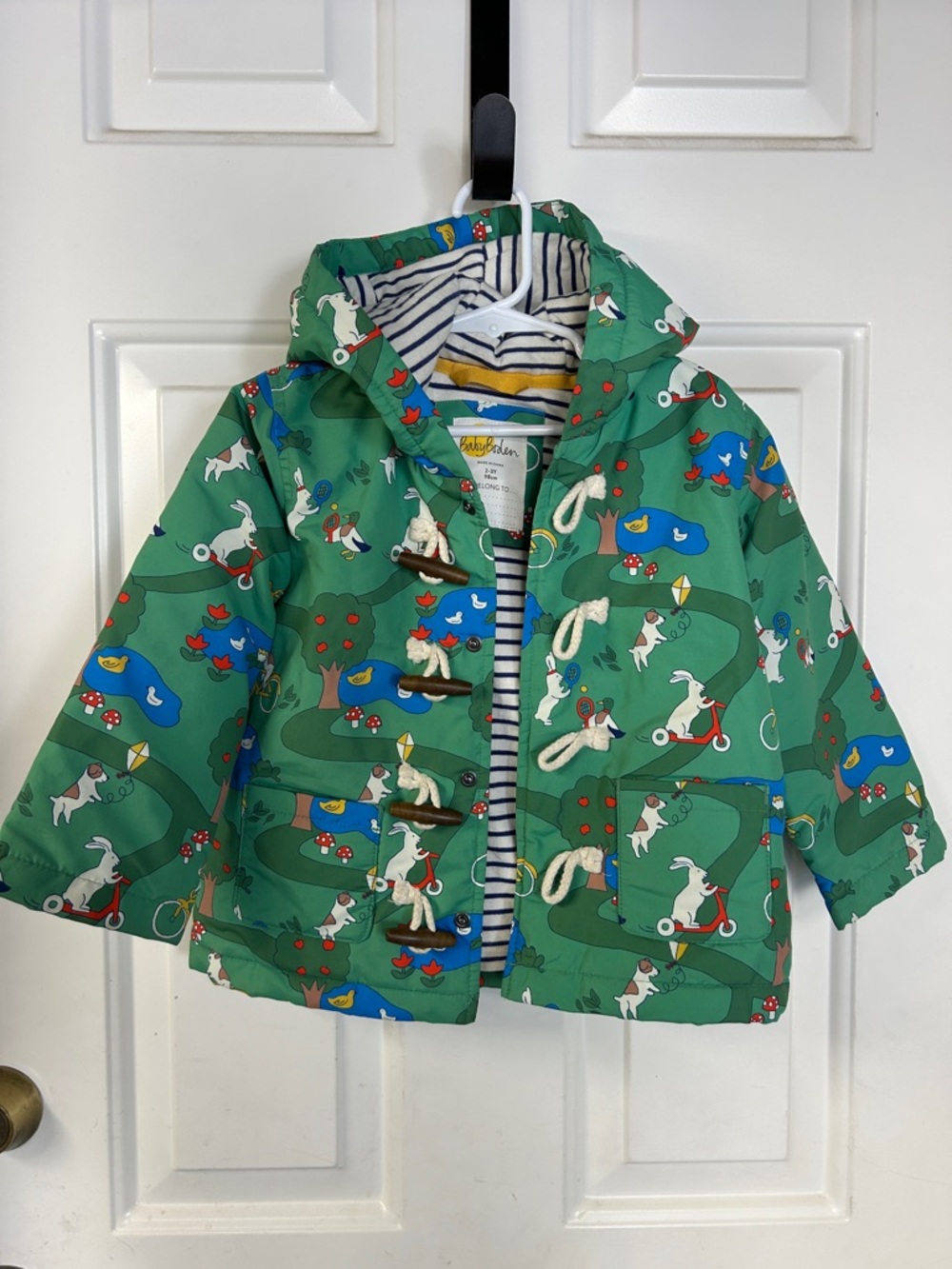 Baby Boden Green Hooded Toggle Raincoat with Playful Animal Park Print